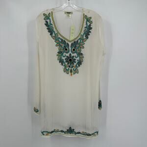 Nouveau Beach Women’s Tunic Size M Beaded Sheer White Boho Resort Caftan Top
